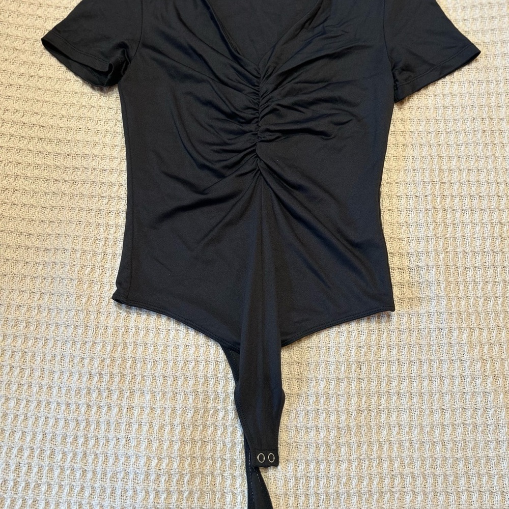 RD Style Black Ruched Tie Front Bodysuit